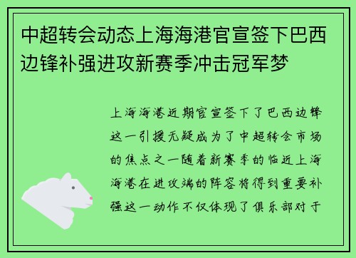 中超转会动态上海海港官宣签下巴西边锋补强进攻新赛季冲击冠军梦 中超转会动态上海海港官宣签下巴西边锋补强进攻新赛季冲击冠军梦